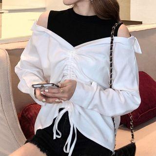 Mock Two-piece Cold-shoulder Drawstring Shirt