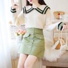 Contrast Trim Collared Knit Top / Faux-leather Mini Skirt / Set