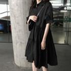 Short-sleeve Lapel Pleated Dress Black - One Size