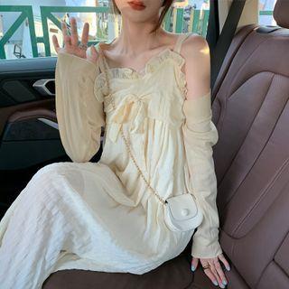 Spaghetti-strap Ruffled Midi A-line Dress / Cardigan