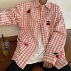 Long-sleeve Cherry Printed Plaid Shirt