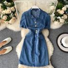 Collared Short-sleeve Denim Mini A-line Dress