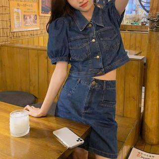 Puff-sleeve Denim Cropped Jacket / Mini A-line Skirt