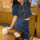 Puff-sleeve Denim Cropped Jacket / Mini A-line Skirt