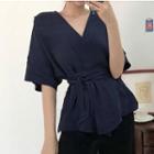 V-neck Tie Waist Blouse Dark Blue - One Size