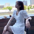 Puff-sleeve Eyelet Lace A-line Mini Dress