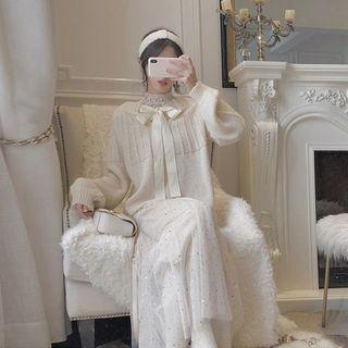 Tie-neck Oversize Sweater / Sequined Midi Mesh Skirt / Set