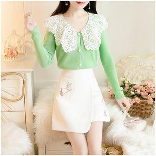 Set: Collared Cardigan + Rabbit Embroidered Midi A-line Skirt