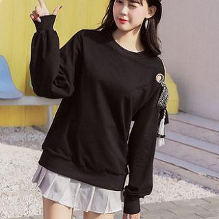 Bow Cold-shoulder Tasseled Pullover