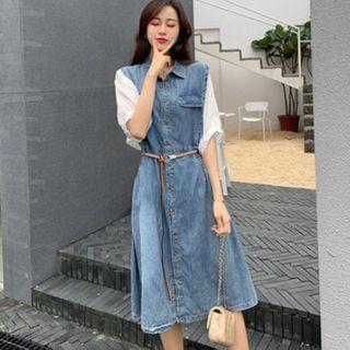 Mock Two-piece Elbow-sleeve Denim A-line Dress