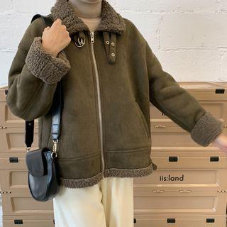 Fleece-trim Faux-leather Jacket Camel - One Size
