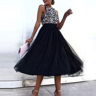 Halter-neck Sequined A-line Mesh Dress