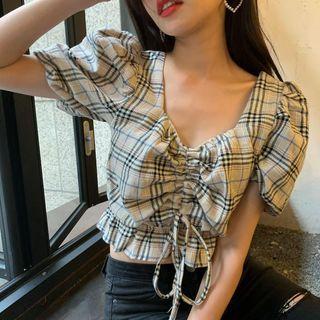 Puff-sleeve Plaid Drawstring Top Plaid - One Size