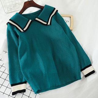 Contrast Trim Collared Ribbed Sweater Green - One Size