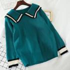 Contrast Trim Collared Ribbed Sweater Green - One Size