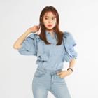 Ruffle-shoulder Puff-sleeve Denim Blouse
