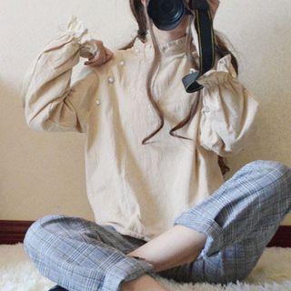 Mock-neck Blouse / Plaid Drawstring Pants