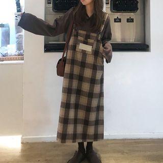 Plain Sweater / Plaid Midi Pinafore Dress