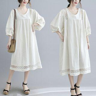 3/4-sleeve Eyelet Lace Midi Shift Dress