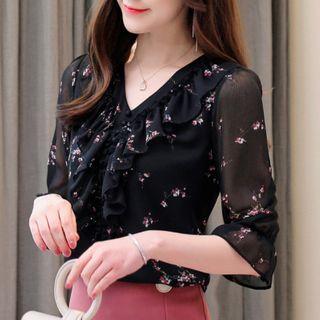 Floral Print Ruffle Elbow-sleeve Chiffon Blouse
