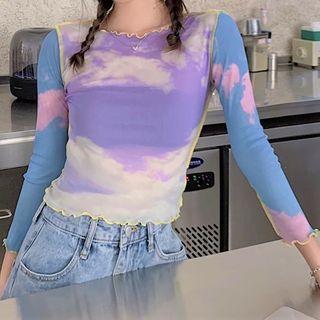 Dye Print 3/4-sleeve T-shirt As Shown In Figure - One Size