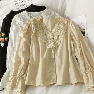 Lace-panel V-neck Loose Shirt
