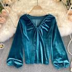 V-neck Puff-sleeve Velvet Top