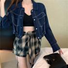 V-neck Cropped Tank Top / Tie-waist Plaid Mini Skort