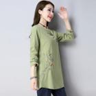 Semi Split-neck Long-sleeve T Shirt