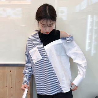 Mock Two-piece Striped Long-sleeve Top / V-neck Blouse