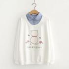 Inset Denim Shirt Cat Print Pullover
