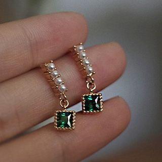 Gemstone Earring 1 Pair - Gold & Green - One Size