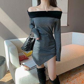 Color-block Off-shoulder Panel Velvet Slim-fit Irregular Long-sleeve Dress