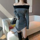 Color-block Off-shoulder Panel Velvet Slim-fit Irregular Long-sleeve Dress