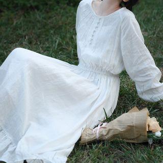 Puff-sleeve Henley Midi A-line Dress