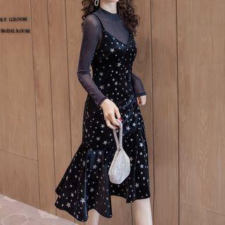 Set: Mesh Long-sleeve Top + Star Print A-line Mini Pinafore Dress