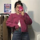 Cable-knit Cardigan Purplish Red - One Size