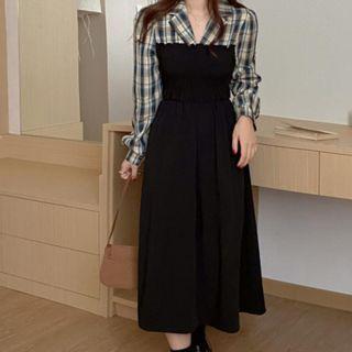 Mock Two-piece Notch Lapel Plaid Dress