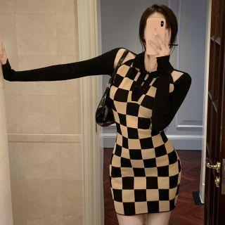 Mock Two-piece Long-sleeve Plaid Knit Dress Plaid - One Size