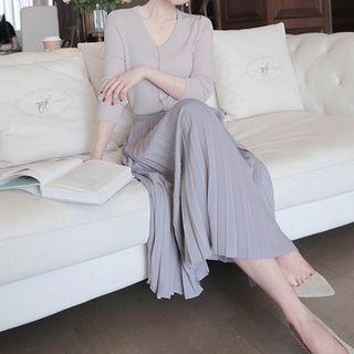 Accordion Pleat Midi A-line Skirt / Cardigan / Set