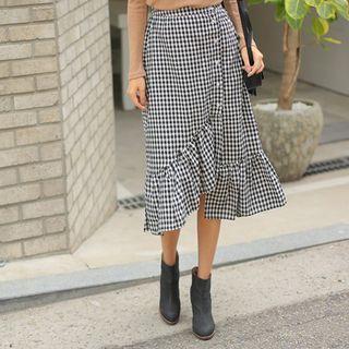 Button-front Check A-line Skirt