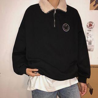 Smiley Face Embroidered Half-zip Sweatshirt