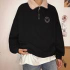 Smiley Face Embroidered Half-zip Sweatshirt