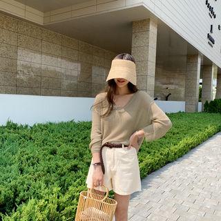 V-neck Ribbed Summer Sweater Beige - One Size