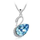 925 Sterling Silver Swan Pendant With Blue Swarovski Element Crystal And 45cm Necklace