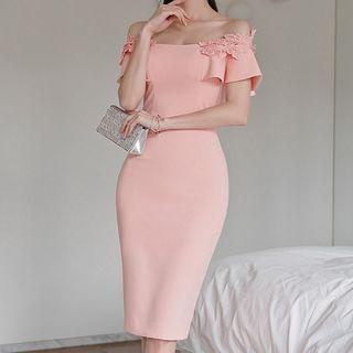 Off-shoulder Embellished Midi Sheath Dress