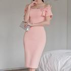 Off-shoulder Embellished Midi Sheath Dress