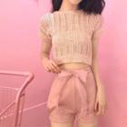 Short-sleeve Perforated Knit Top / Bow-accent Shorts
