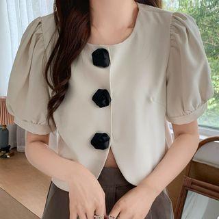Puff-sleeve Flower Accent Cropped Blouse