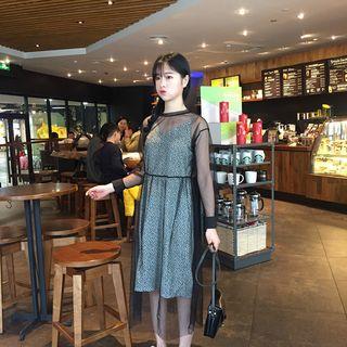 Set: Mesh Long-sleeve Top + Floral Print Strap Dress